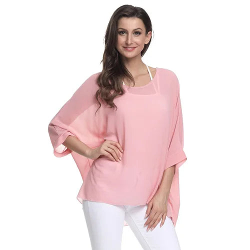 Plus Size Batwing Chiffon Blouse - Boho Loose Summer Shirt