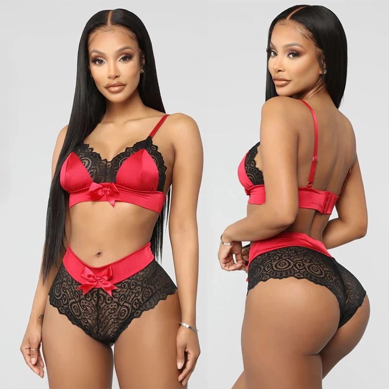 Hollow Out Lace Bra and Thong Set - Tie-Up Nightwear Lingerie