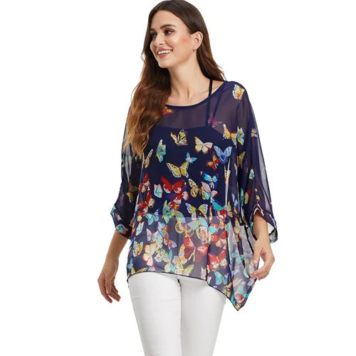 Plus Size Batwing Chiffon Blouse - Boho Loose Summer Shirt