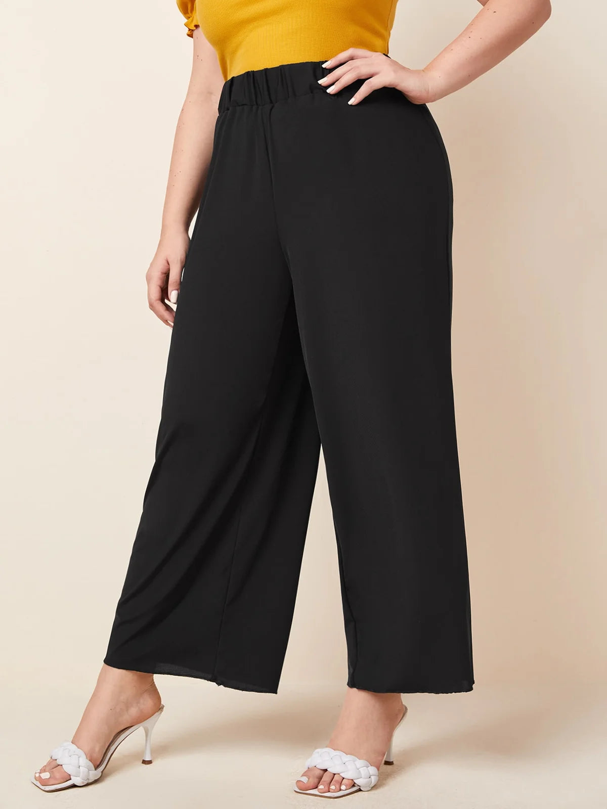 Plus Size Wide Leg Pants - Elastic Waist Black Summer Trousers
