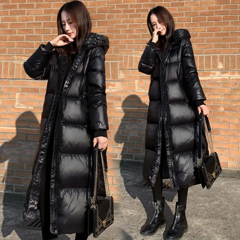 Glossy Black Hooded Parka - Thick Windproof Winter Coat
