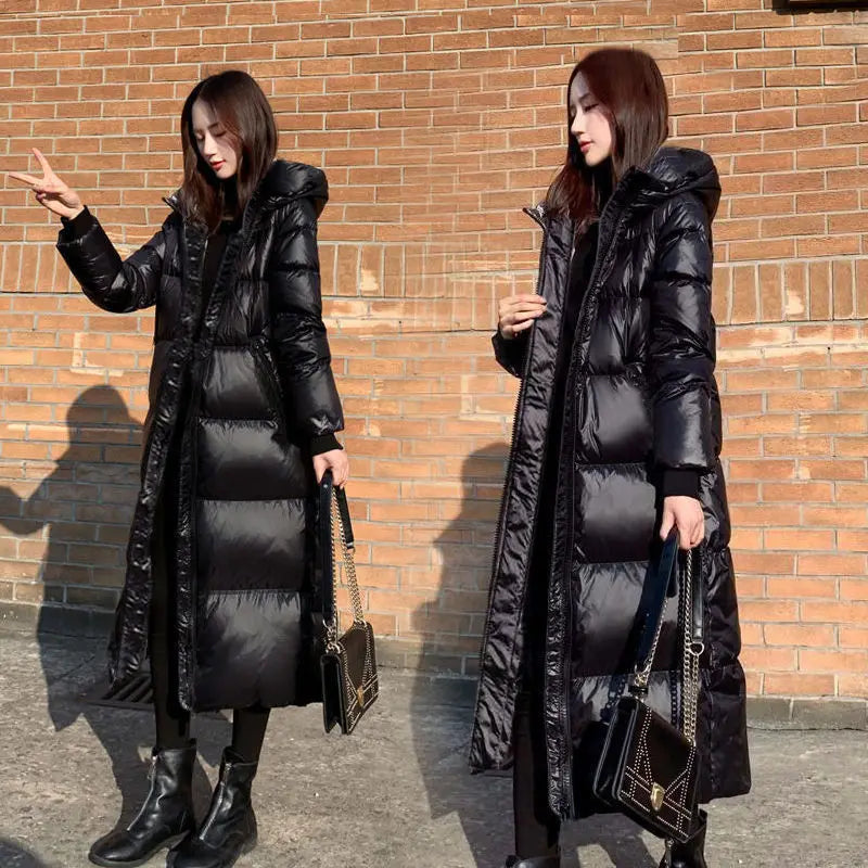 Glossy Black Hooded Parka - Thick Windproof Winter Coat