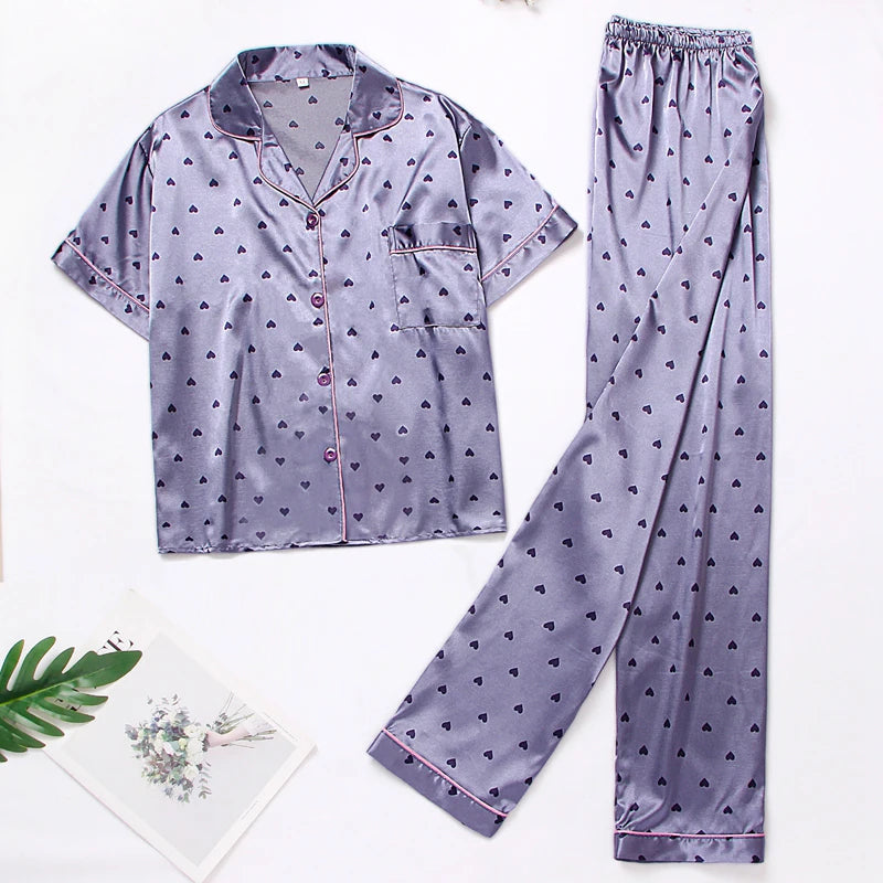 Satin Floral Pajama Set - Button Shirt and Shorts Sleepwear