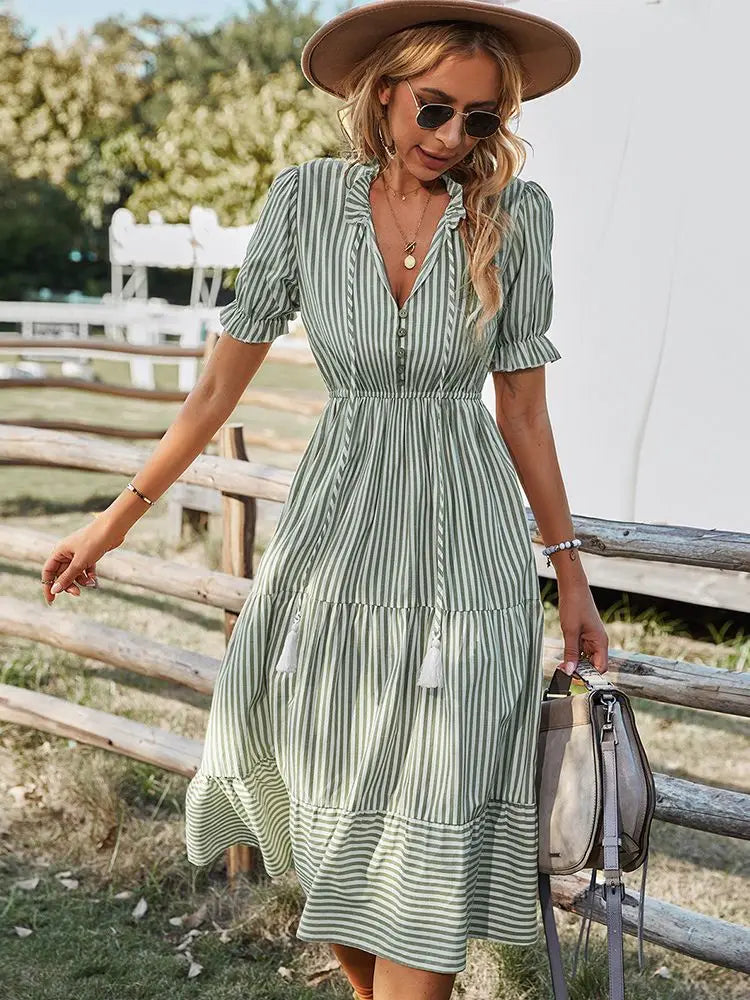 Striped Lantern Sleeve Midi Dress - V Neck Button Ruffle Summer Outfit