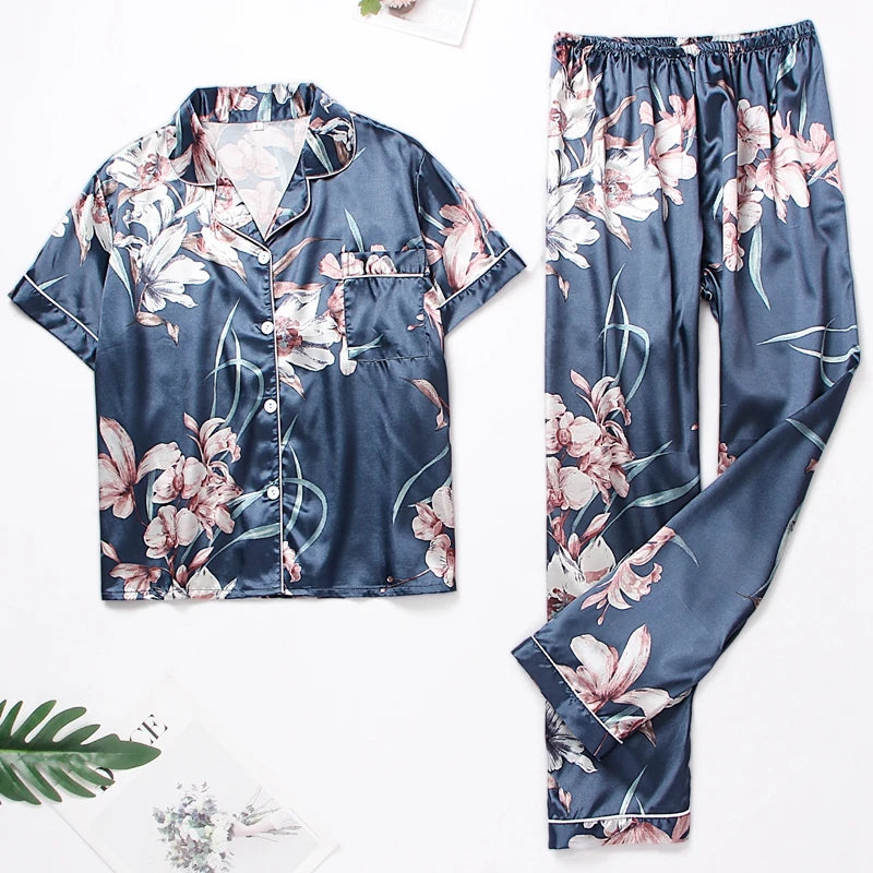 Satin Floral Pajama Set - Button Shirt and Shorts Sleepwear