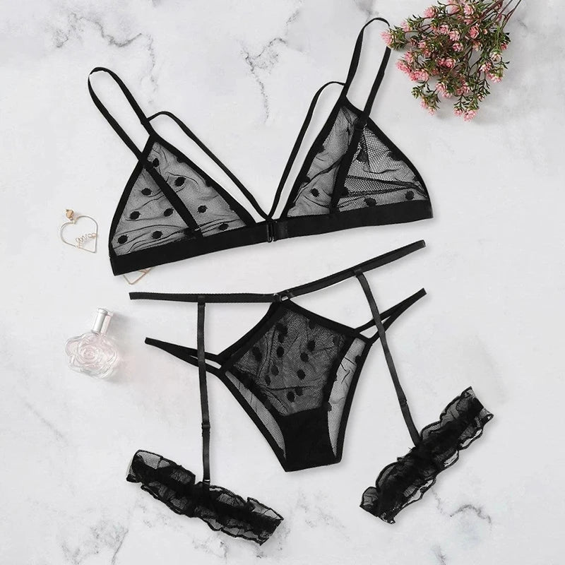 Hollow Out Lace Bra and Thong Set - Tie-Up Nightwear Lingerie