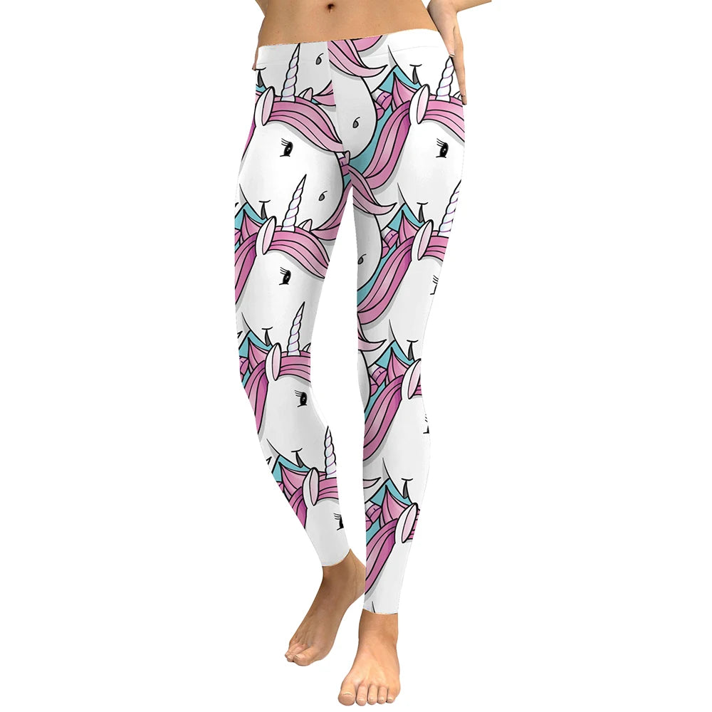 White Unicorn Print Leggings - Mid Waist Fitness and Jogging Pants