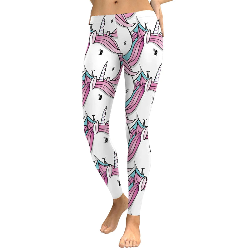 White Unicorn Print Leggings - Mid Waist Fitness and Jogging Pants