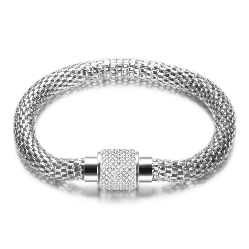 Rhinestone Stainless Steel Magnetic Clasp Bracelet - Crystal Charm Bangle