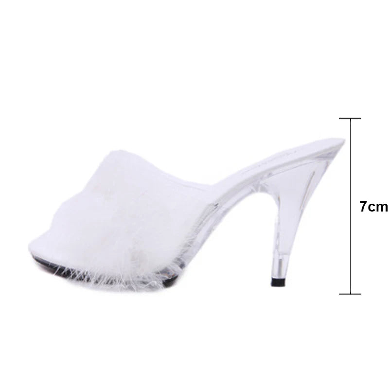 Feather Party High Heel Sandals - Transparent Summer Fur Slippers