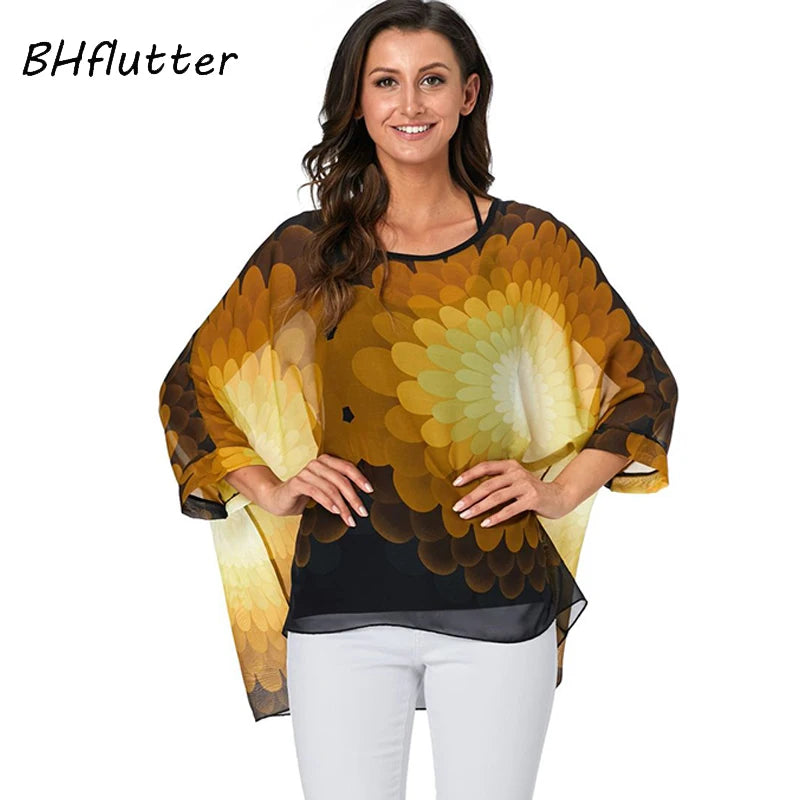 Plus Size Batwing Chiffon Blouse - Boho Loose Summer Shirt
