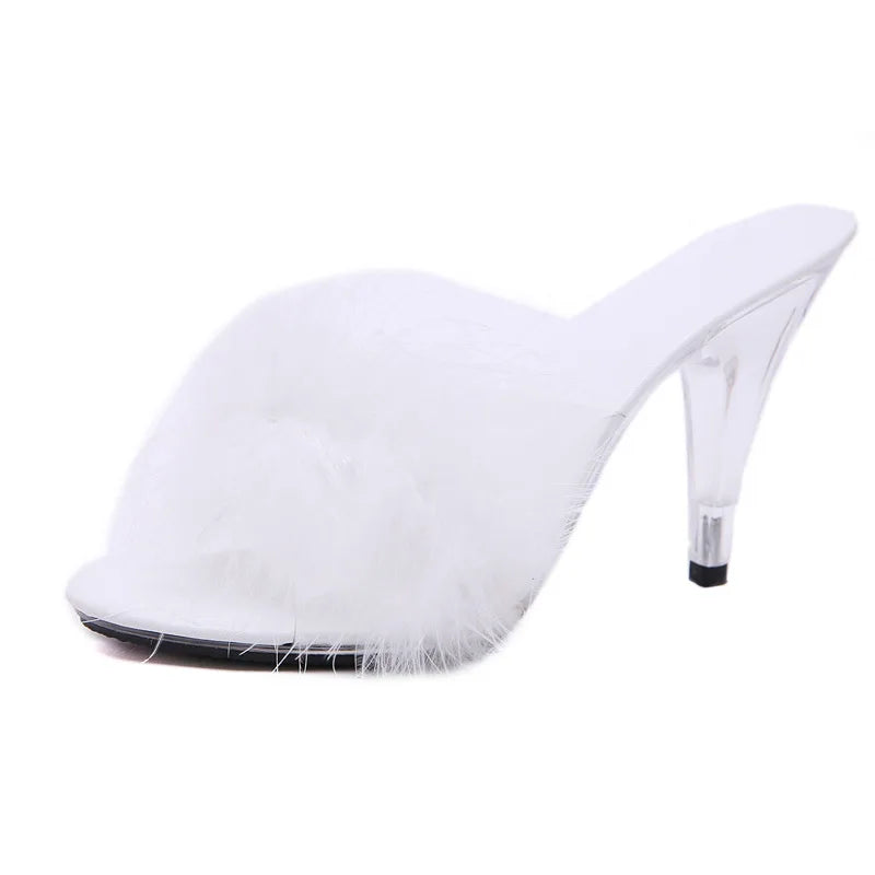 Feather Party High Heel Sandals - Transparent Summer Fur Slippers