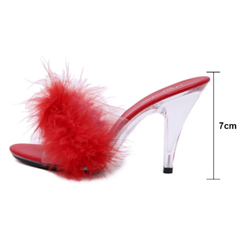 Feather Party High Heel Sandals - Transparent Summer Fur Slippers