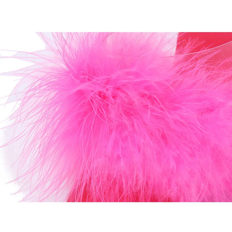 Feather Party High Heel Sandals - Transparent Summer Fur Slippers