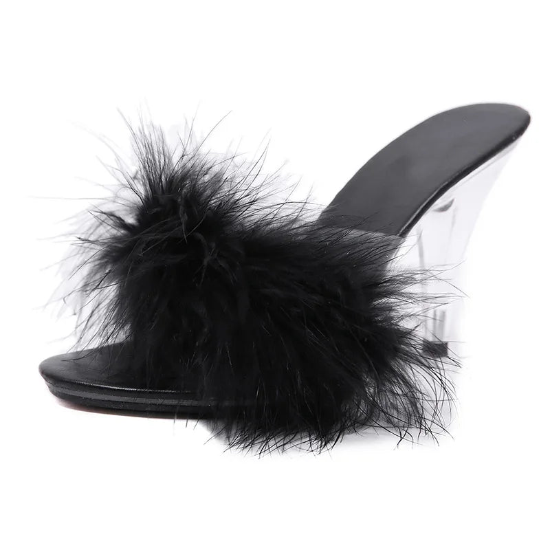 Feather Party High Heel Sandals - Transparent Summer Fur Slippers