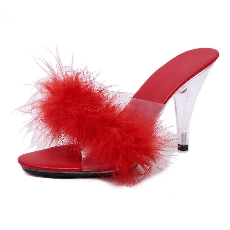 Feather Party High Heel Sandals - Transparent Summer Fur Slippers