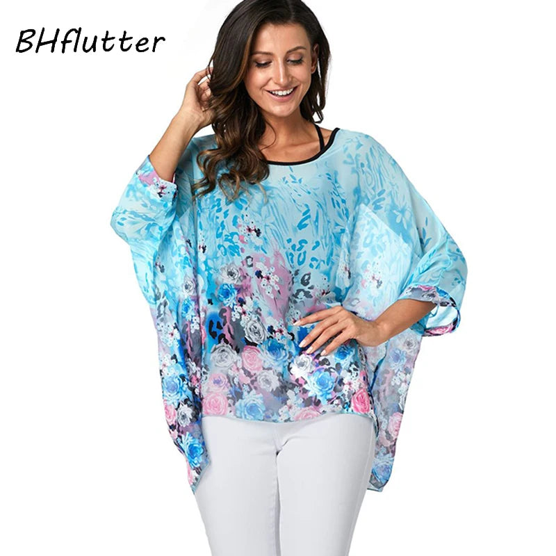 Plus Size Batwing Chiffon Blouse - Boho Loose Summer Shirt