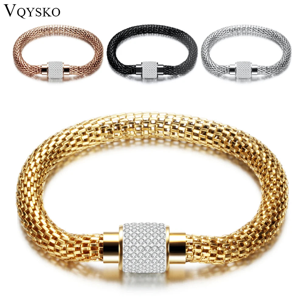 Rhinestone Stainless Steel Magnetic Clasp Bracelet - Crystal Charm Bangle