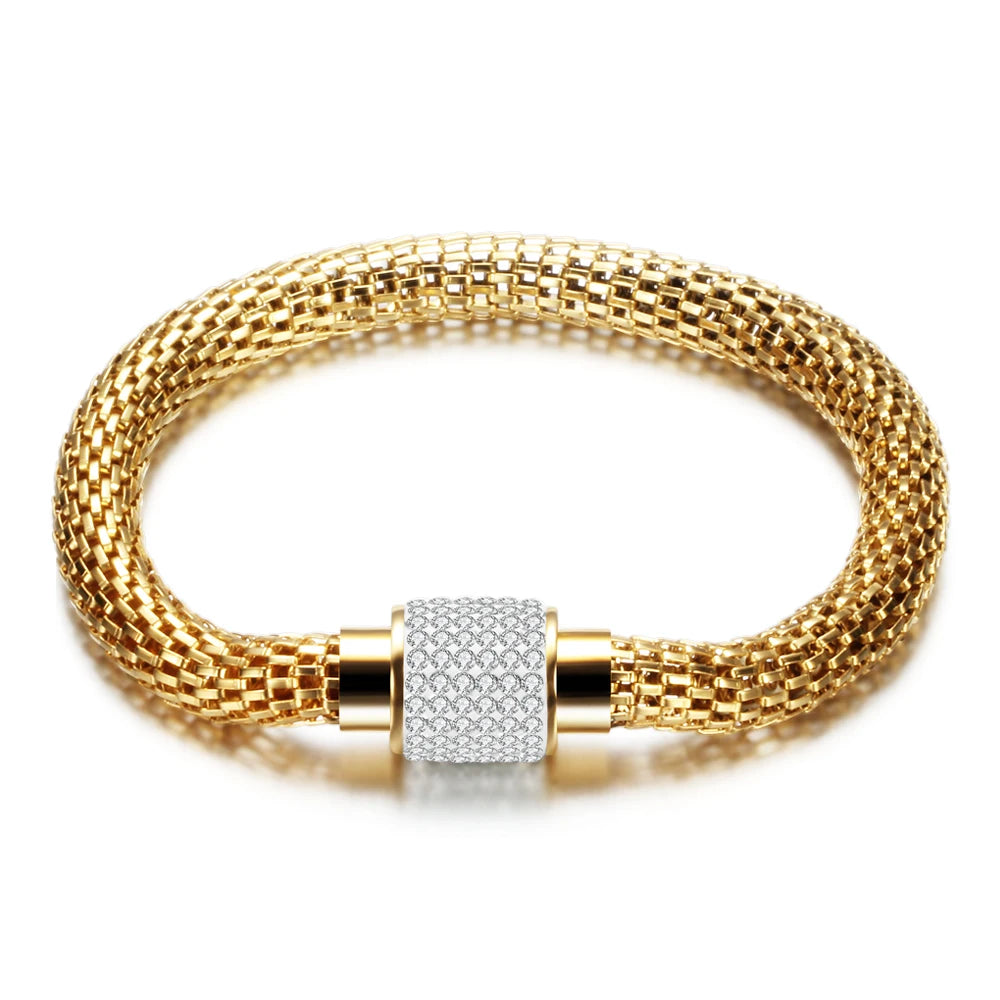 Rhinestone Stainless Steel Magnetic Clasp Bracelet - Crystal Charm Bangle