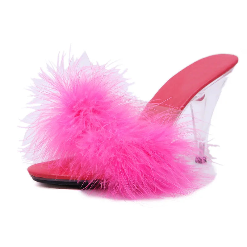 Feather Party High Heel Sandals - Transparent Summer Fur Slippers