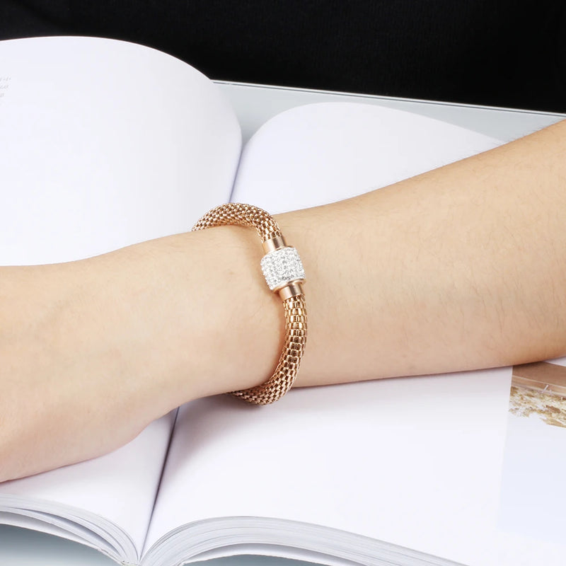 Rhinestone Stainless Steel Magnetic Clasp Bracelet - Crystal Charm Bangle