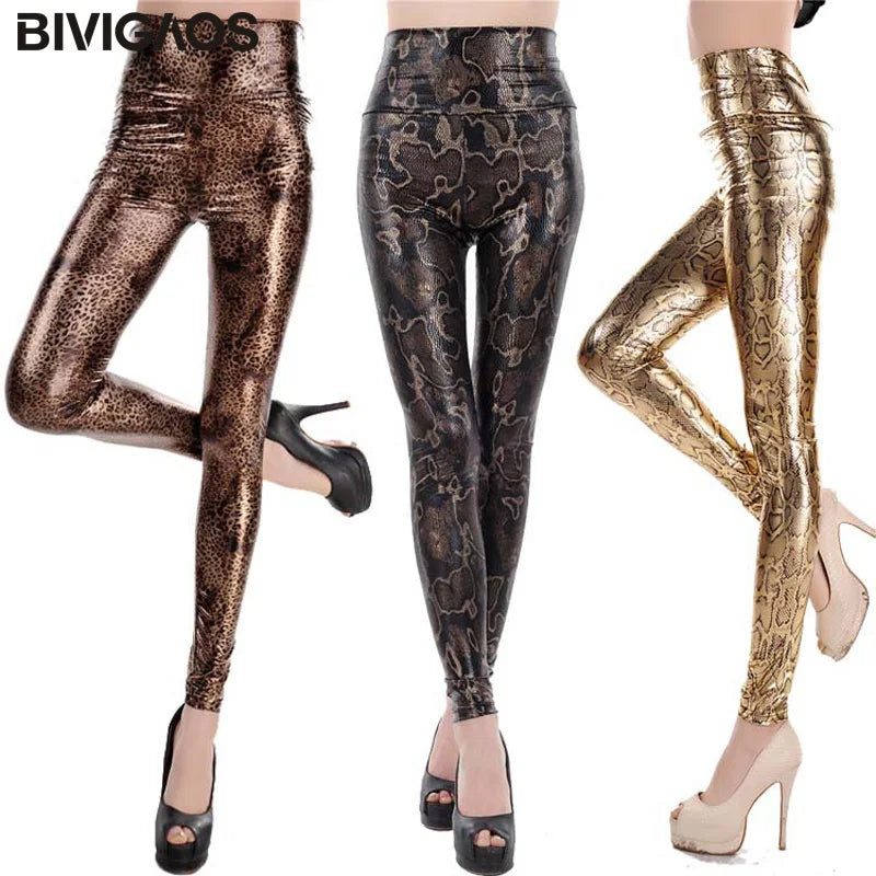 Snakeskin Faux Leather Leggings - High Waist Gothic Pencil Pants