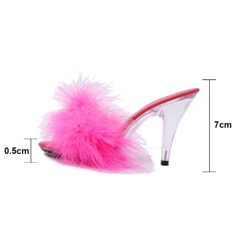 Feather Party High Heel Sandals - Transparent Summer Fur Slippers
