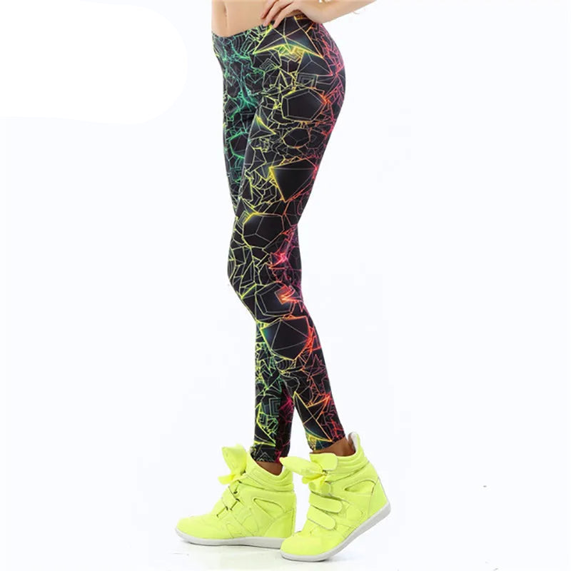 Fluorescent 3D Print Leggings - Colorful Mid-Calf Fashion Tights