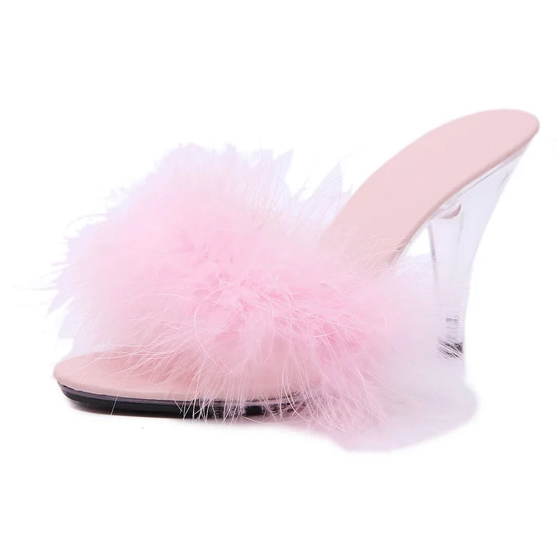 Feather Party High Heel Sandals - Transparent Summer Fur Slippers