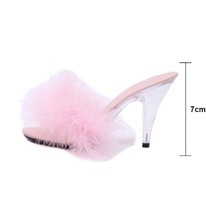 Feather Party High Heel Sandals - Transparent Summer Fur Slippers