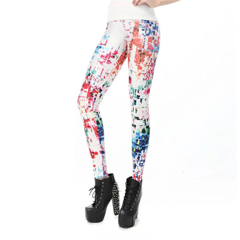 Fluorescent 3D Print Leggings - Colorful Mid-Calf Fashion Tights