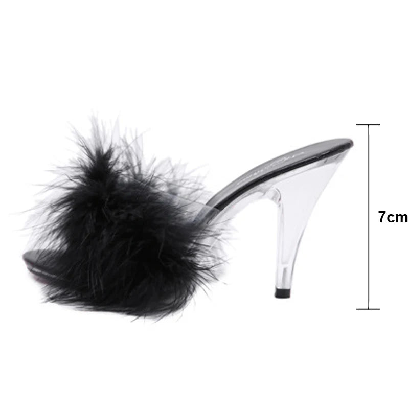 Feather Party High Heel Sandals - Transparent Summer Fur Slippers