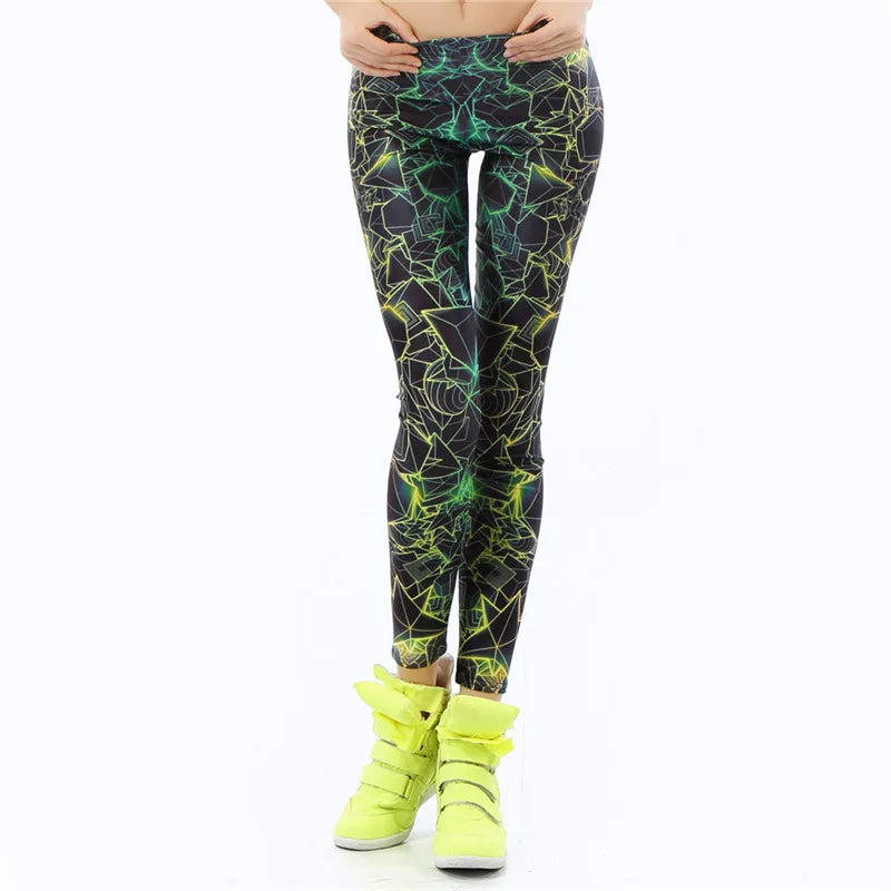 Fluorescent 3D Print Leggings - Colorful Mid-Calf Fashion Tights
