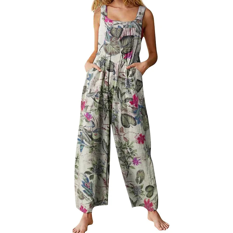 Leaf Print Sleeveless Jumpsuit - Loose Backless Summer Playsuit