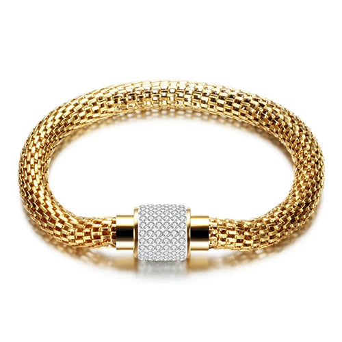 Rhinestone Stainless Steel Magnetic Clasp Bracelet - Crystal Charm Bangle