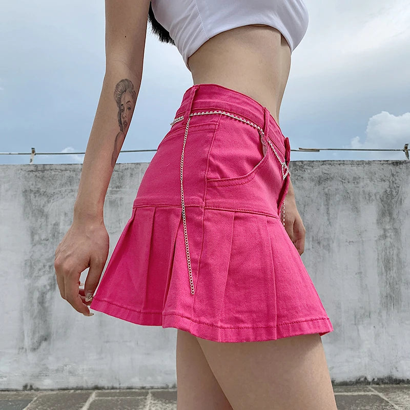 Y2K Denim Pleated Mini Skirt - High Waist Harajuku Ruffle Skirt