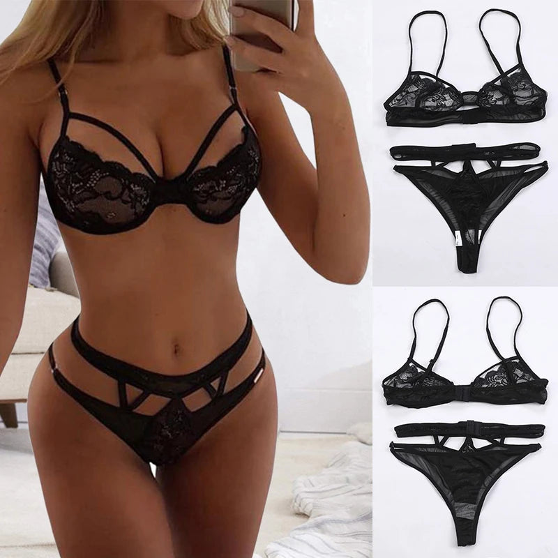 Hollow Out Lace Bra and Thong Set - Tie-Up Nightwear Lingerie