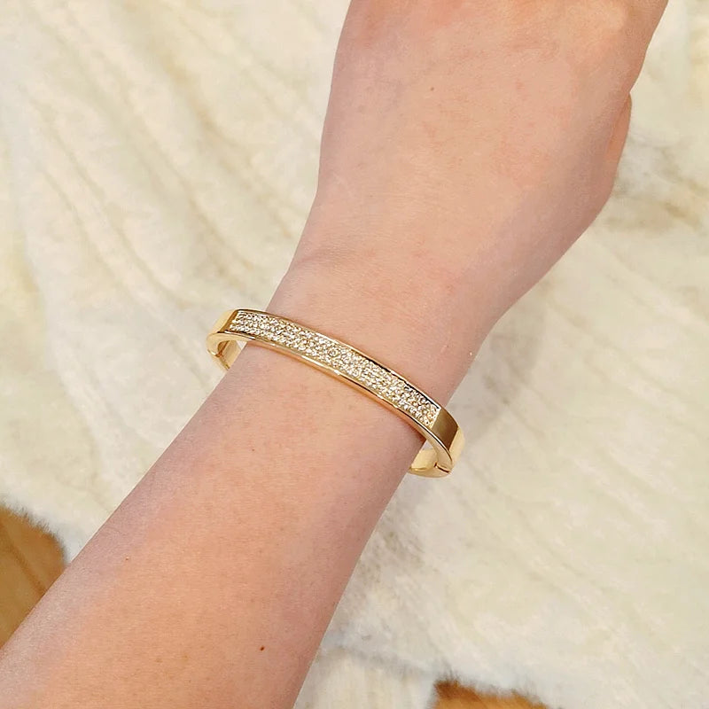 Elegant Crystal Cuff Bangle Bracelet - Gold Tone Wedding Jewelry