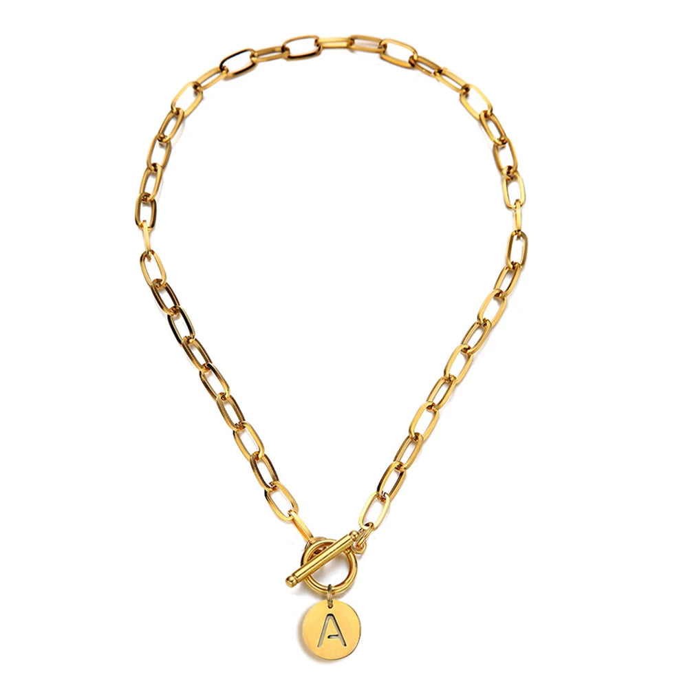 Custom Initial Paper Clip Necklace - Stainless Steel Toggle Choker