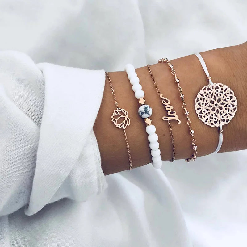 Boho Geometric Bracelet Set - Star Map Heart Charm Jewelry