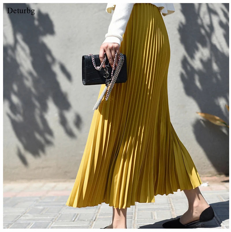 Chiffon Pleated Midi Skirt - Korean High Waist Spring Autumn Skirt