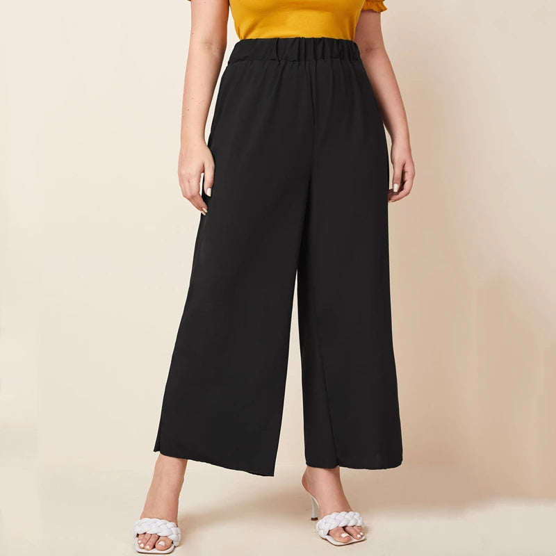 Plus Size Wide Leg Pants - Elastic Waist Black Summer Trousers