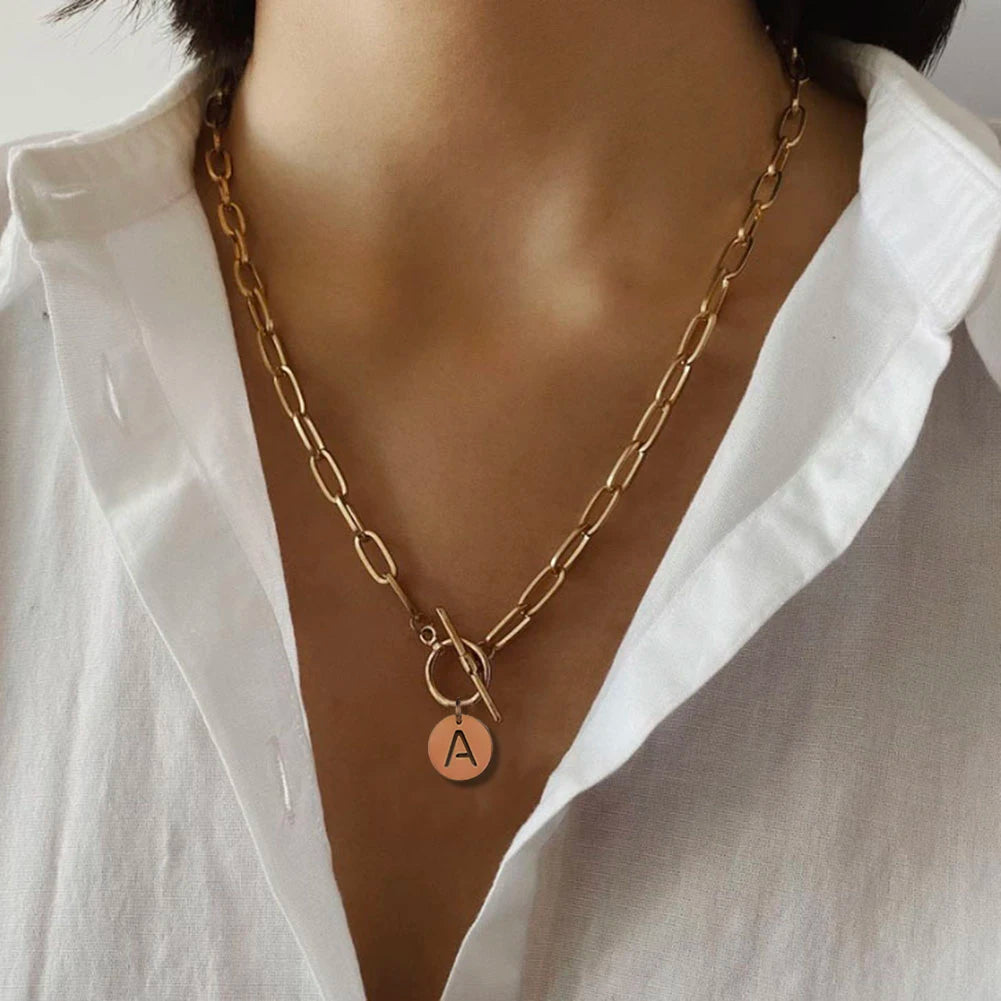 Custom Initial Paper Clip Necklace - Stainless Steel Toggle Choker