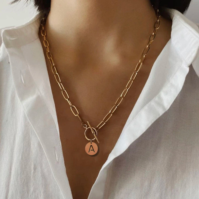 Custom Initial Paper Clip Necklace - Stainless Steel Toggle Choker