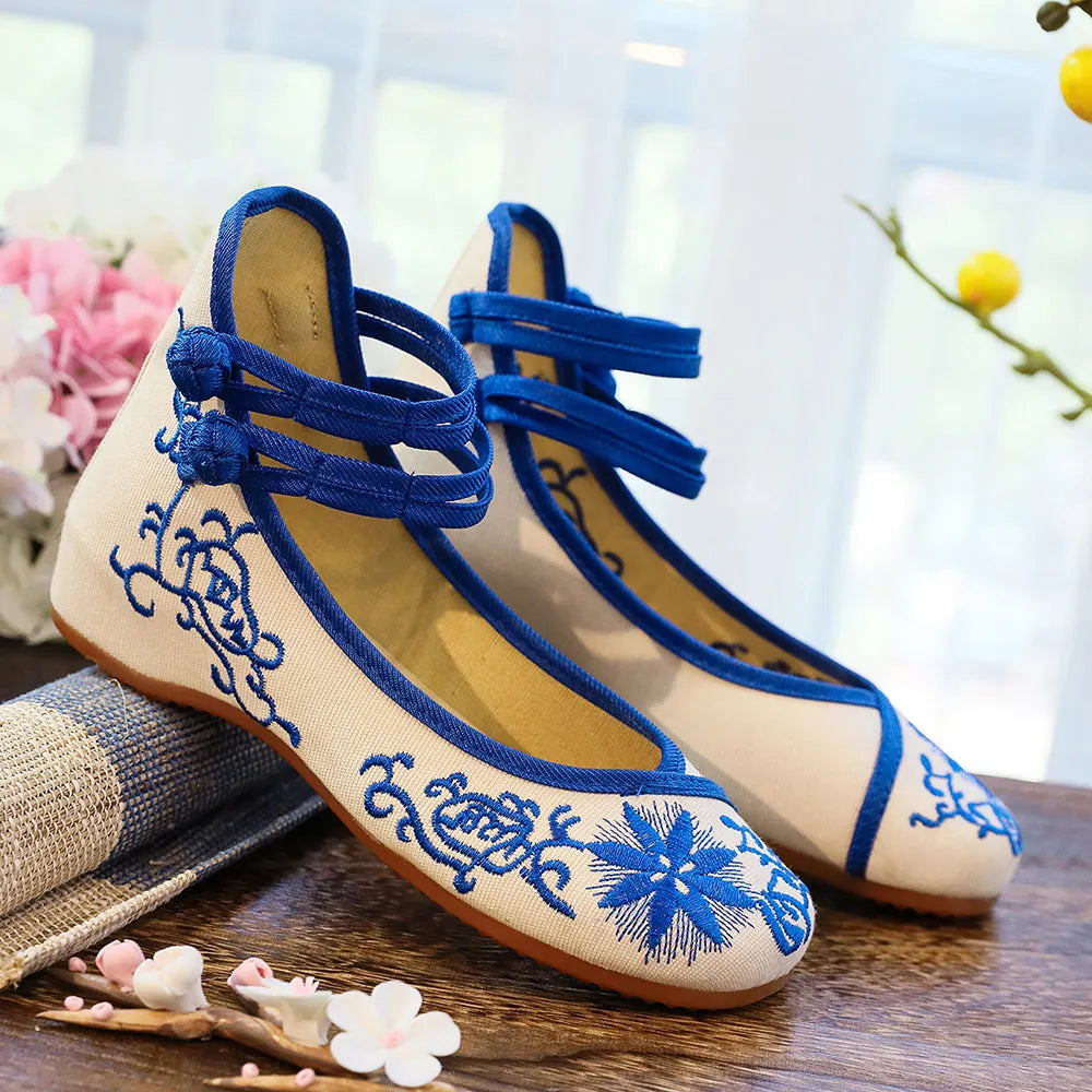 Sunflower Embroidered Ballet Flats - Canvas Ankle Strap Casual Shoes
