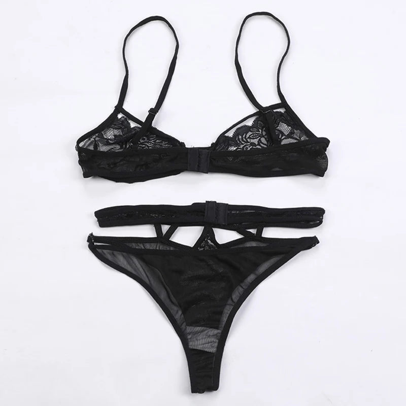 Hollow Out Lace Bra and Thong Set - Tie-Up Nightwear Lingerie