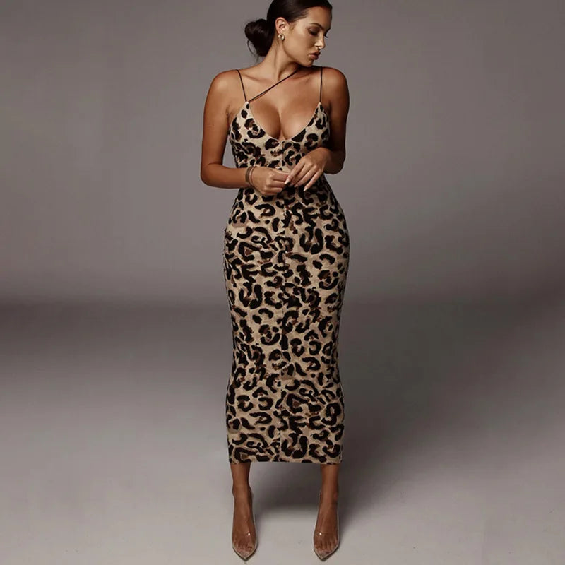 Leopard Print V Neck Midi Dress - Sleeveless Spring Party Outfit