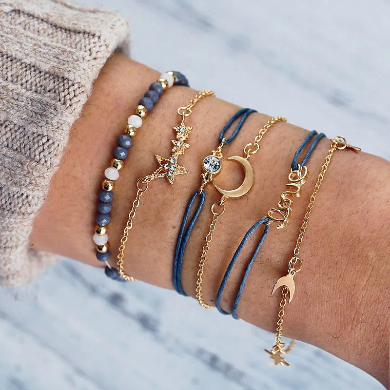 Boho Geometric Bracelet Set - Star Map Heart Charm Jewelry