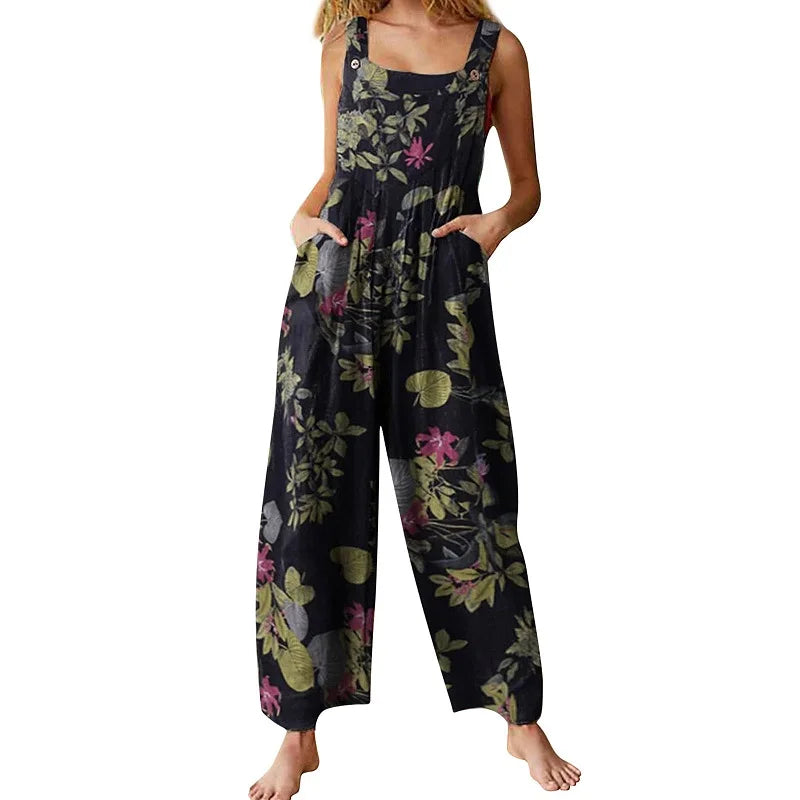 Leaf Print Sleeveless Jumpsuit - Loose Backless Summer Playsuit