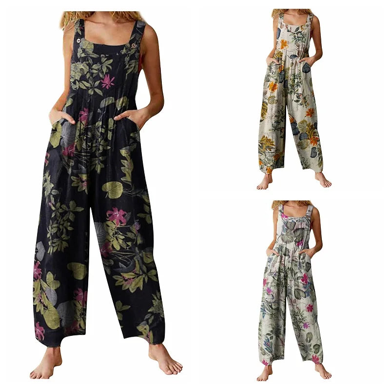 Leaf Print Sleeveless Jumpsuit - Loose Backless Summer Playsuit